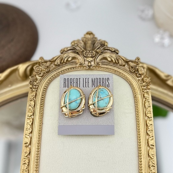 Robert Lee Morris Turquoise Gold Sculptural Clip-On Earrings Vintage Vibe - Picture 3 of 8